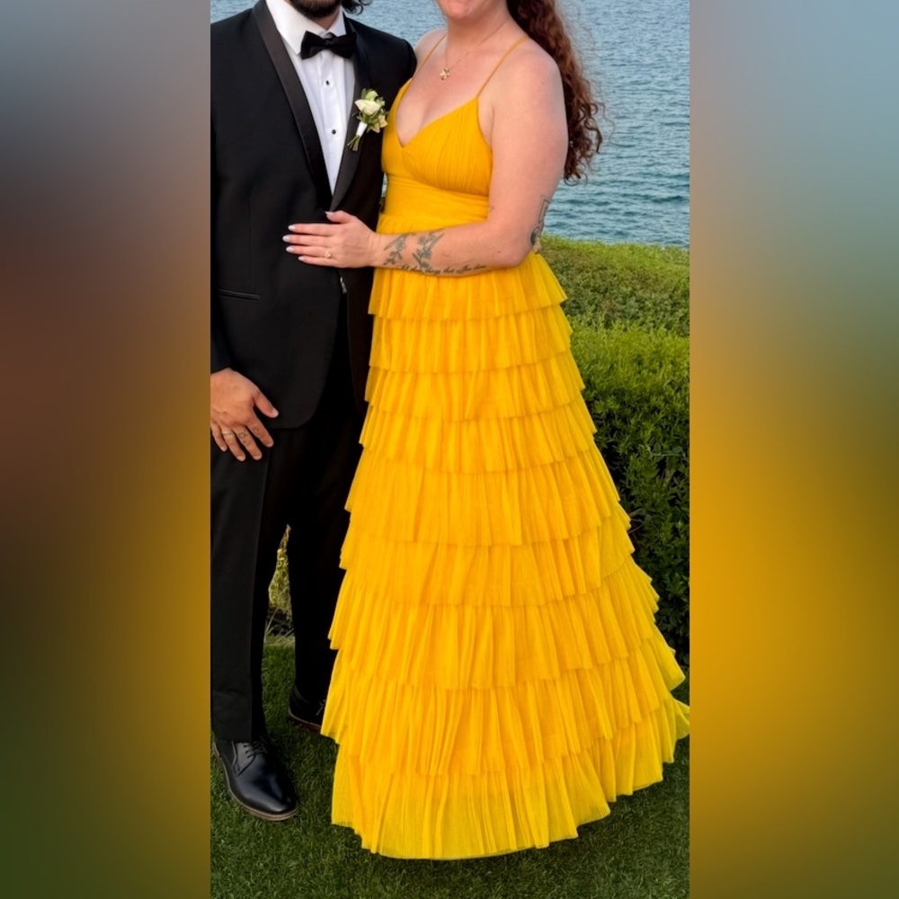 Lulus Radiant Event Yellow Mesh Tiered Ruffled Backless Maxi Dress - Size L